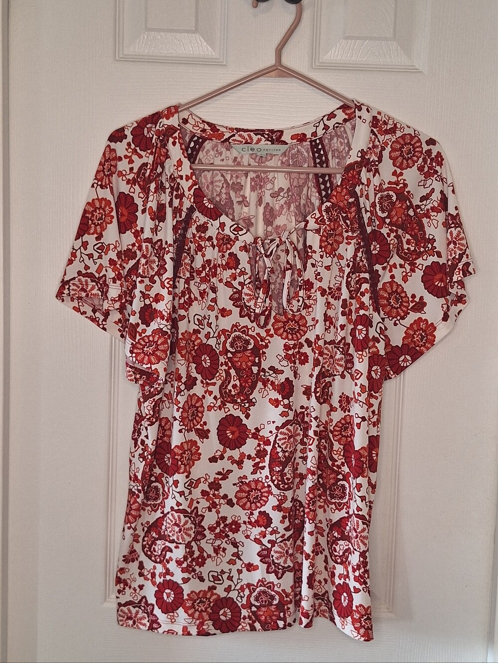 Cleo Petites Red & White Floral Paisley Short Sleeve Blouse
